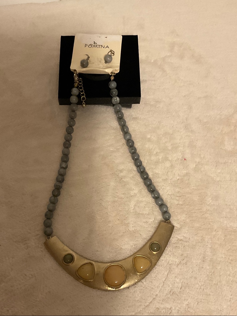 Pomtina Gray Beaded Necklace with Gold-Tone Crescent Pendant